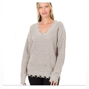 Zenana Distressed V-neck Speckled Sweater